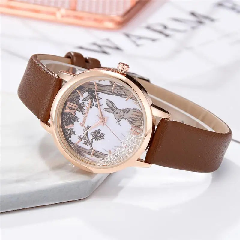 Luxury Rhinestones Women Watches Fashion Rabbit Pattern Dial Design Ladies Wristwatches Qualities Female Quartz Leather Watch