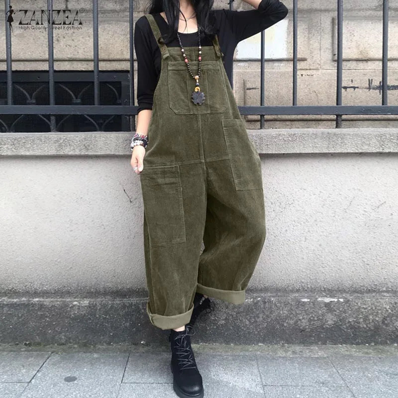 Kaftan Corduroy Overalls Women's Spring Jumpsuits ZANZEA 2023 Casual Suspender Harem Pants Female Solid Rompers Femme Oversize