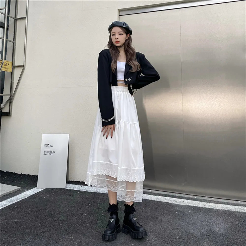 Y2k Gothic Tulle Pleated Skirt Black Lace Stitching Irregular Midi Skirt Women Vintage High Waist Long Skirt Korea Solid Hip Hop - reetell