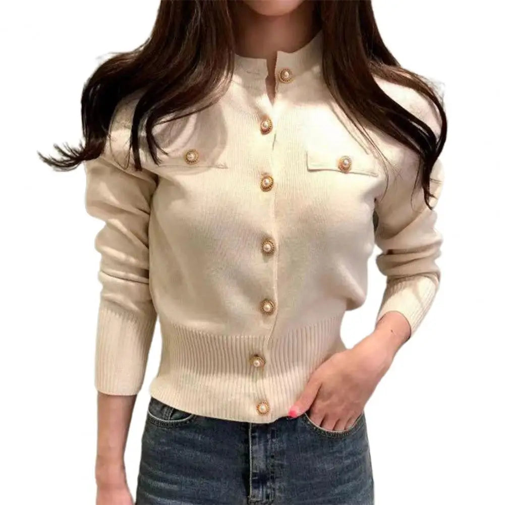 Women Cardigan Sweater Decorative Pockets Faux Pearl Buttons Knitted Coat Short Single Breasted Korean Slim Chic Ladies Tops - reetell