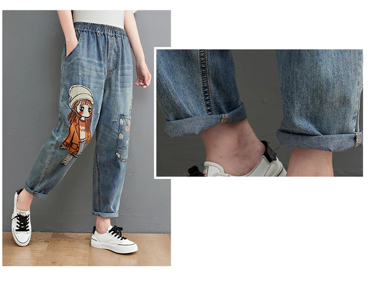 6537 Cartoon Litter Girl Embroidery Denim Pants For Women Trendy Hole Casual High Waist Breeches Pockets Mom Harem Blue Jeans - reetell