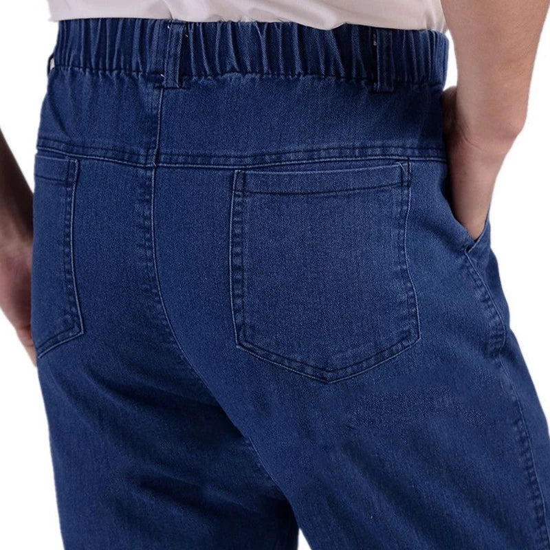 Durable Outdoor Work Wear Straight Jeans Trousers Men Elastic Waist Casual Wide Leg Thick Cotton Denim Pants Classic Loose Dad - reetell