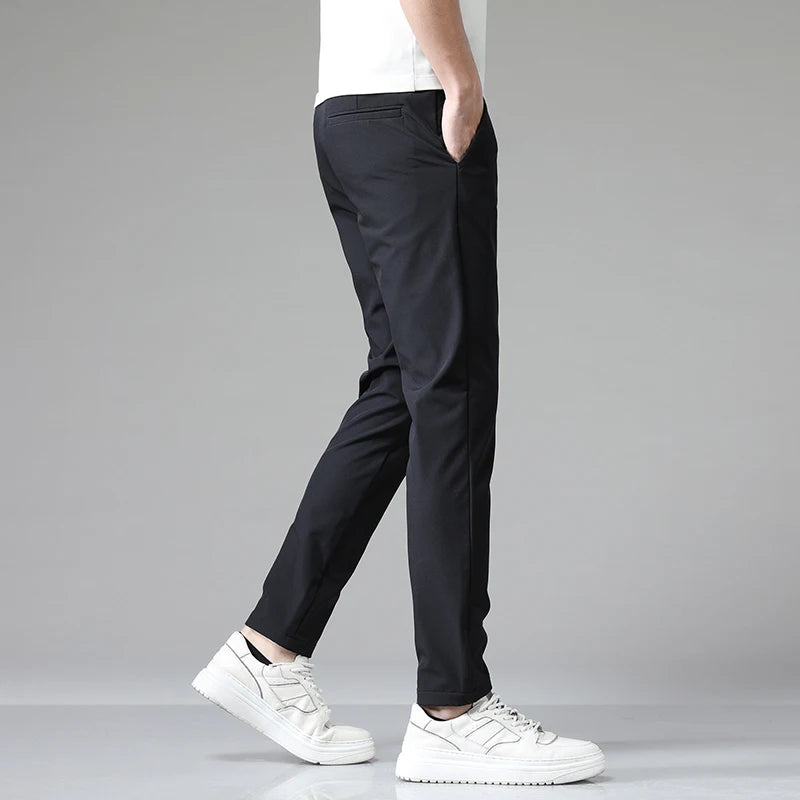 2023 Autumn Pants Mens Stretch Korean Casual Slim Fit Elastic Waist Jogger Business Classic Trousers Male Black Gray Blue 28-38 - reetell