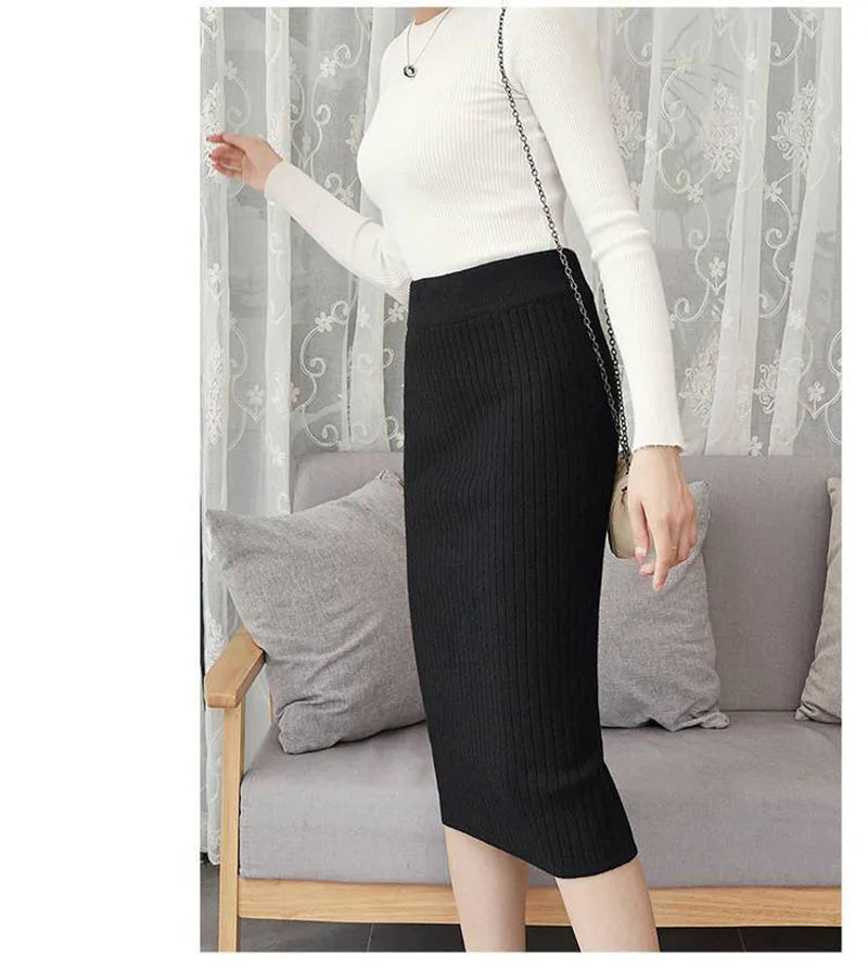 50-60-70 CM Fashion Autumn Winter Korean Knitted Women Skirts Elastic High Waist Split A-line Female Sexy Ribbed Skirts - reetell