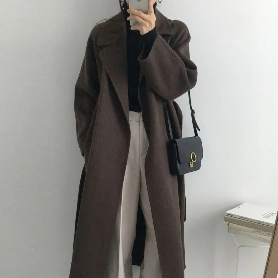 JXMYY French Lazy Style Warm Female Fresh Winter 2024 Classical Belt Retro Loose Women Woolen Coats Chic Casual Long Coat Long - reetell