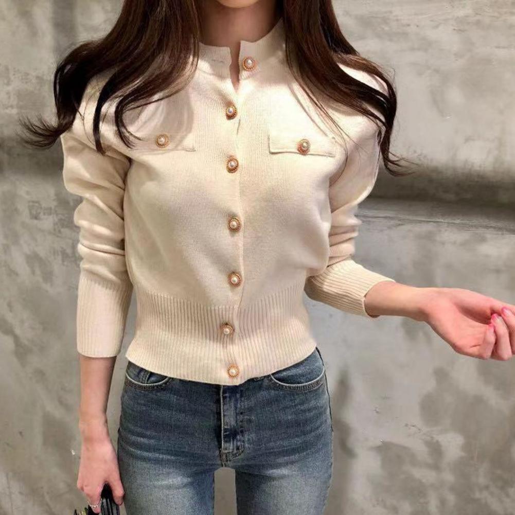 Women Cardigan Sweater Decorative Pockets Faux Pearl Buttons Knitted Coat Short Single Breasted Korean Slim Chic Ladies Tops - reetell