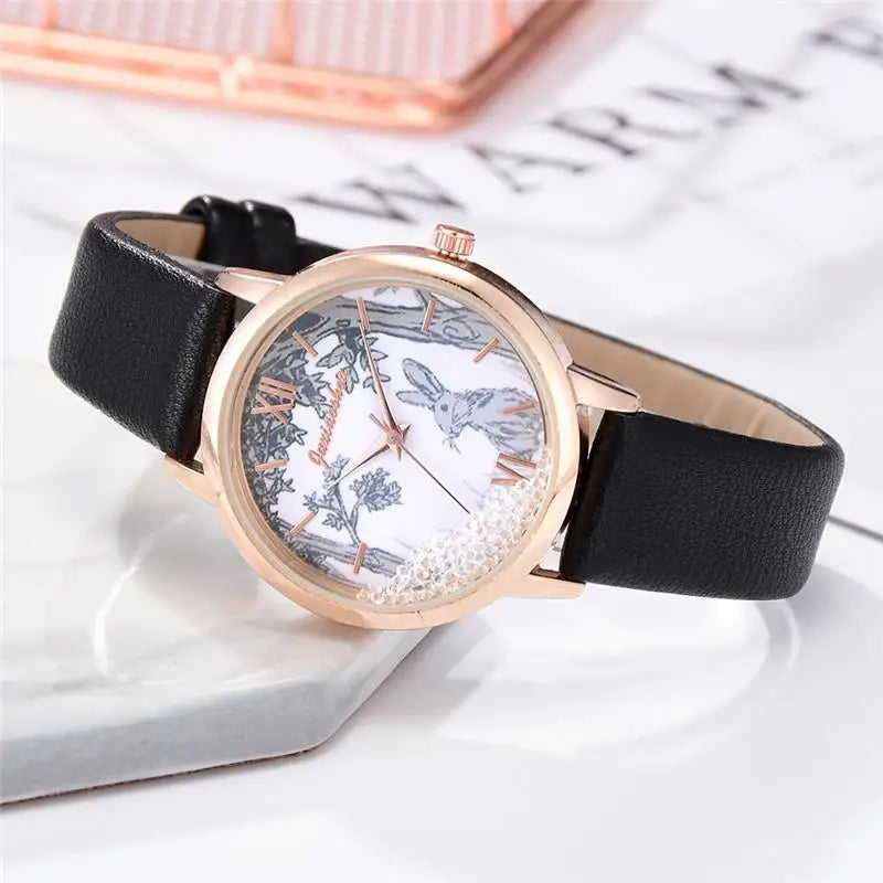 Luxury Rhinestones Women Watches Fashion Rabbit Pattern Dial Design Ladies Wristwatches Qualities Female Quartz Leather Watch