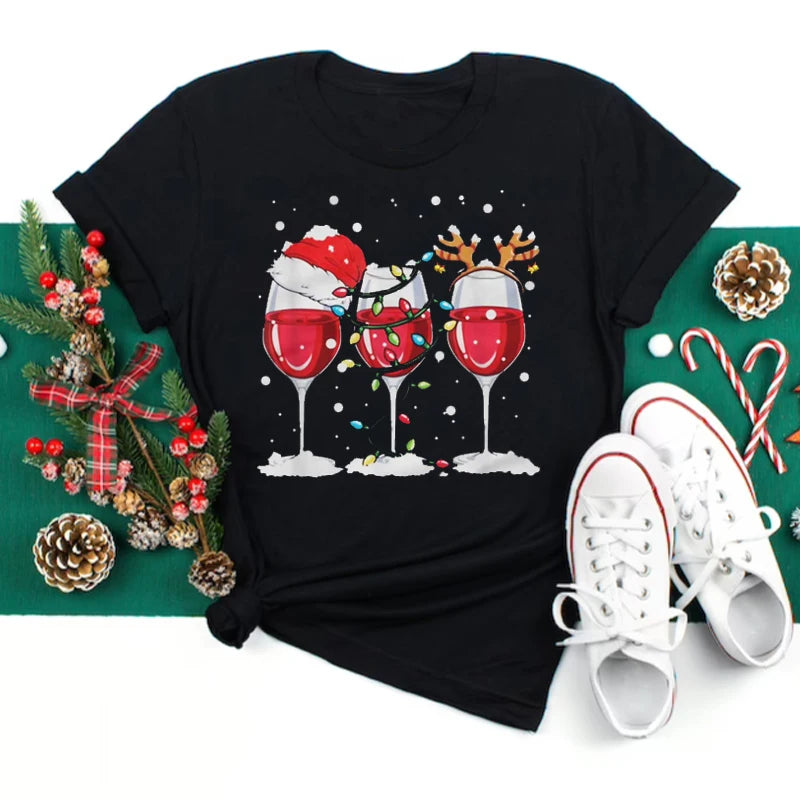 Maycaur Women Wine Glass Christmas Hats Black T Shirt Christmas Xmas Gifts Cartoon Top Tshirt Harajuku Fashion New Year T-shirt - reetell