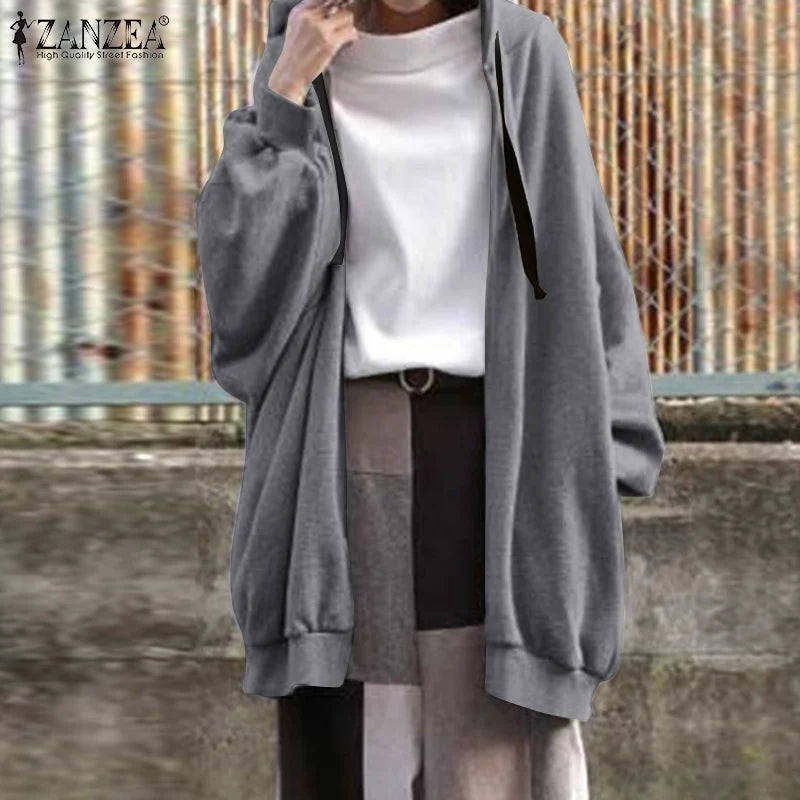 ZANZEA Fashion Oversize Coats Women Autumn Long Sleeve Sweatshirts Female Casual Elegant Loose Outwear Hooded Hoodies 2023 - reetell