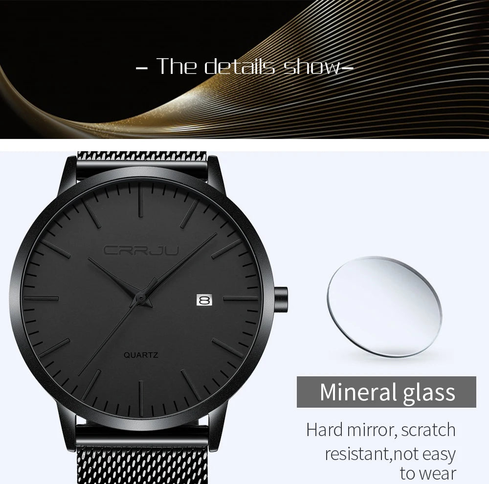 CRRJU Fashion Mens Watches Ultra Thin Quartz Watch Men Casual Slim Mesh Steel Waterproof Sport Watch Black Relogio Masculino