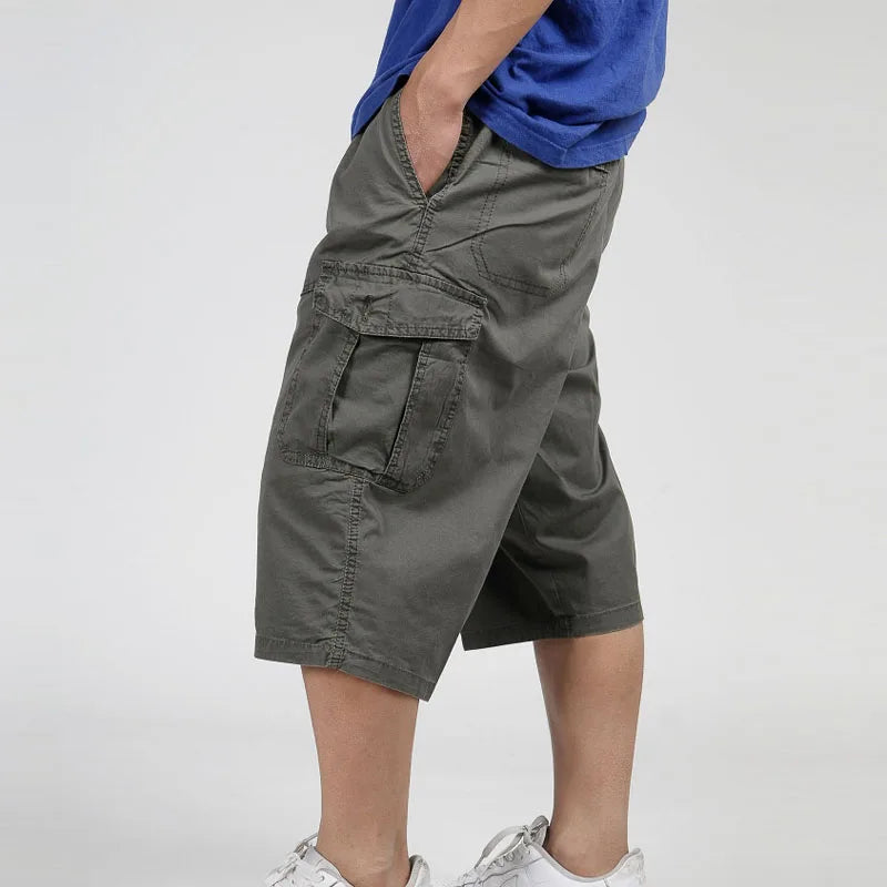 2023 Men Summer Multi-Pocket Baggy Cargo Cotton Calf Length Pants Casual Trouser Male Large Solid Color Shorts Plus Size Xl-6Xl - reetell