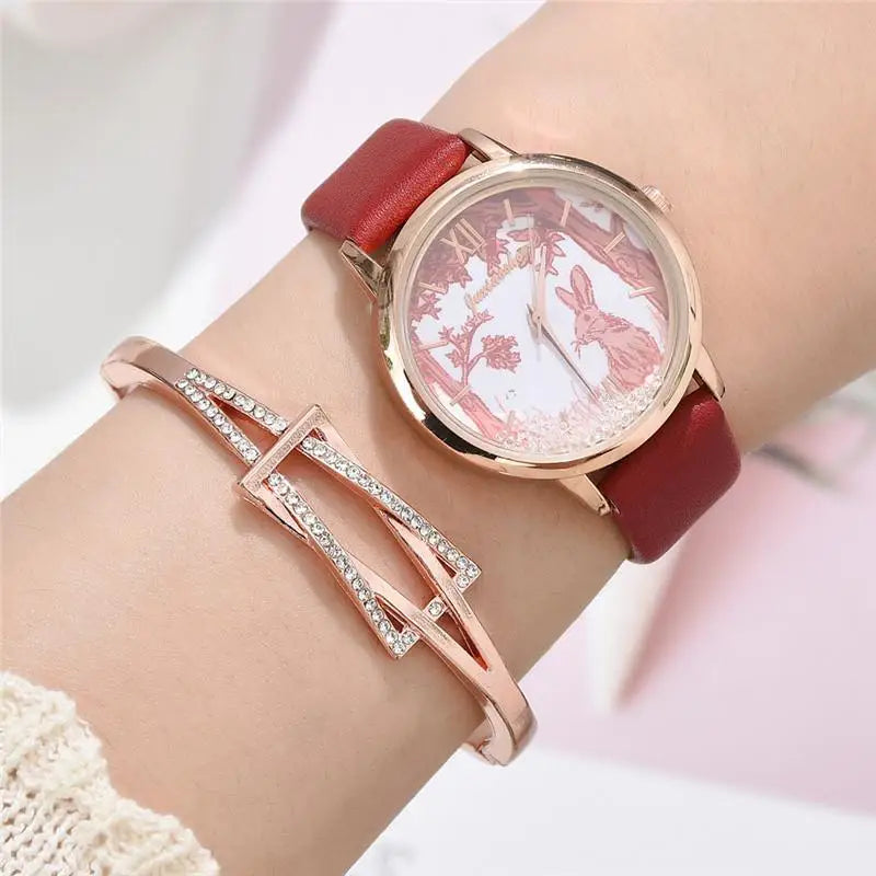 Luxury Rhinestones Women Watches Fashion Rabbit Pattern Dial Design Ladies Wristwatches Qualities Female Quartz Leather Watch