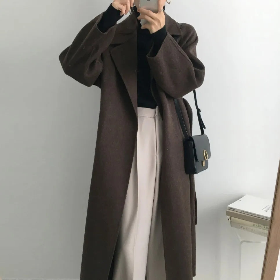 JXMYY French Lazy Style Warm Female Fresh Winter 2024 Classical Belt Retro Loose Women Woolen Coats Chic Casual Long Coat Long - reetell