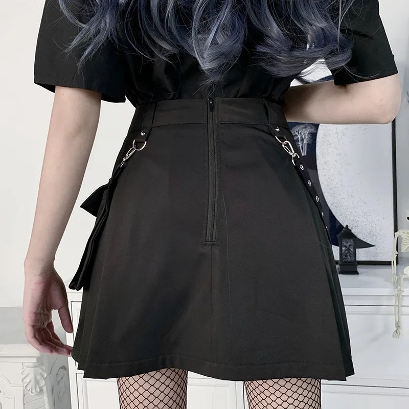 Black Skirt Harajuku Punk Gothic Black High Waist Black Women Sexy Patchwork Bandage Mini Skirt Female Streetwear - reetell