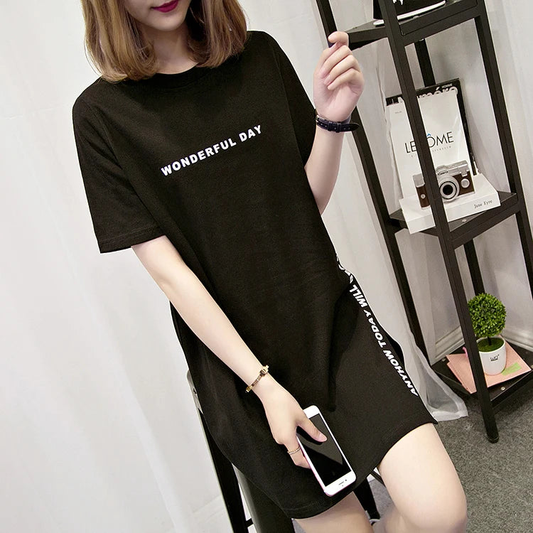 WONDERFUL DAY Print Long T shirts Summer Women Loose Slit Femme Tops Cotton Tshirt Short sleeve Ladies t-shirt - reetell