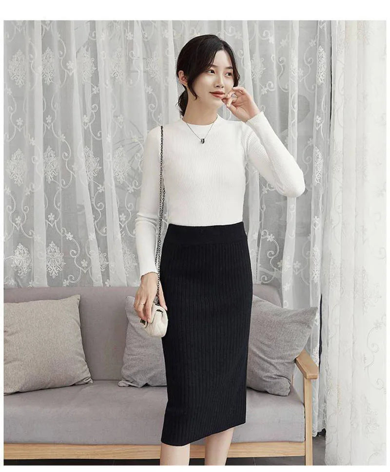 50-60-70 CM Fashion Autumn Winter Korean Knitted Women Skirts Elastic High Waist Split A-line Female Sexy Ribbed Skirts - reetell