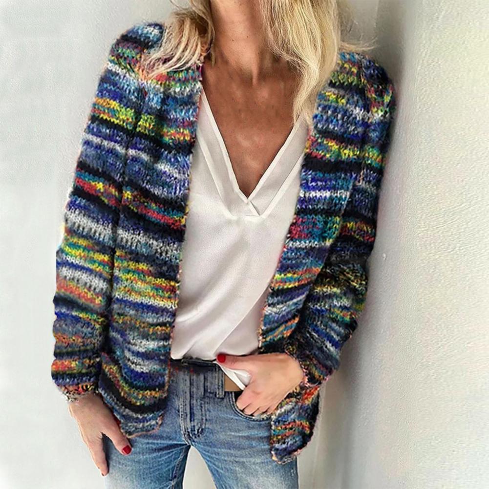 2021 New Women Sweater Rainbow Stripes Temperament Autumn Winter Long Sleeve Knitted Cardigan Coat for Office - reetell