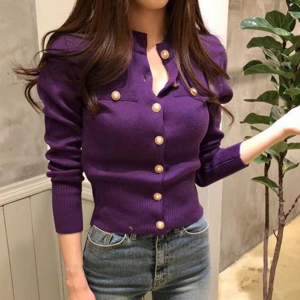 Women Cardigan Sweater Decorative Pockets Faux Pearl Buttons Knitted Coat Short Single Breasted Korean Slim Chic Ladies Tops - reetell