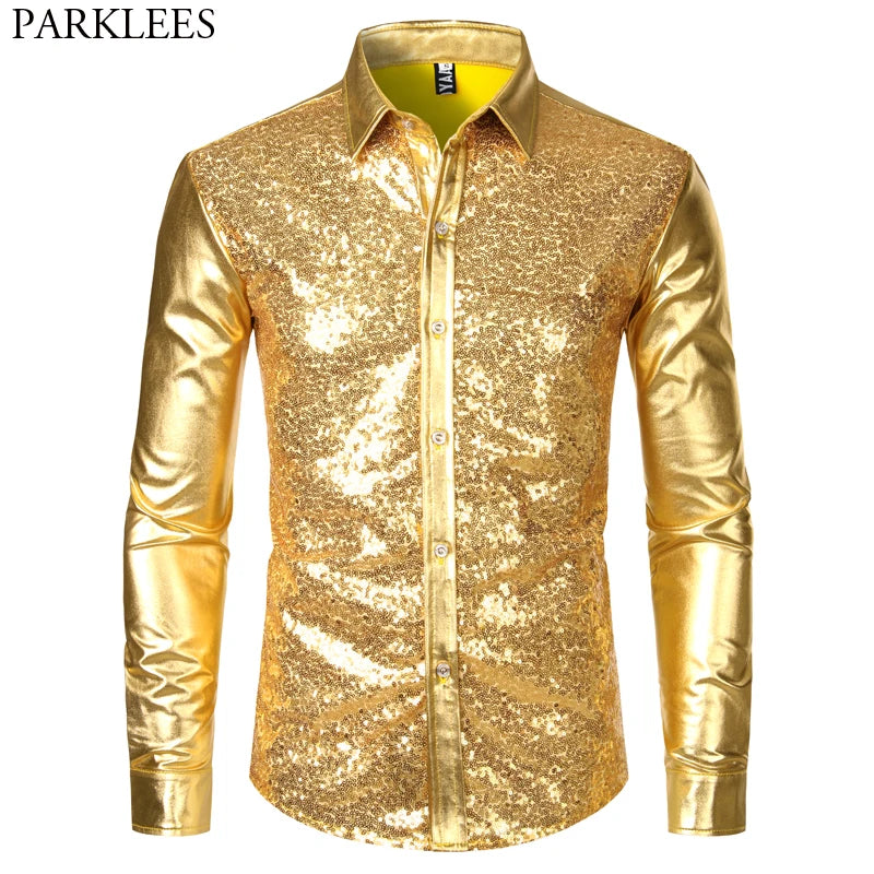 Men's Disco Shiny Gold Sequin Metallic Design Dress Shirt Long Sleeve Button Down Christmas Halloween Bday Party Stage Costume - reetell