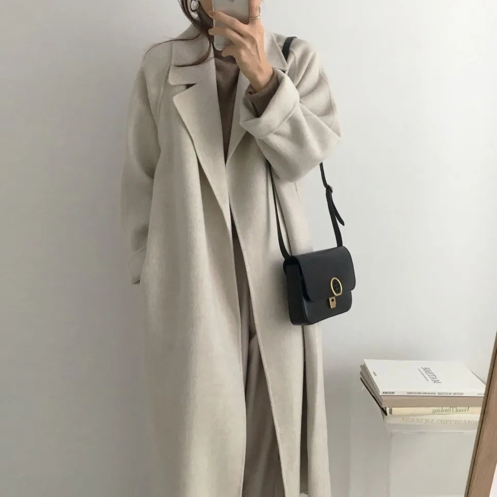 JXMYY French Lazy Style Warm Female Fresh Winter 2024 Classical Belt Retro Loose Women Woolen Coats Chic Casual Long Coat Long - reetell