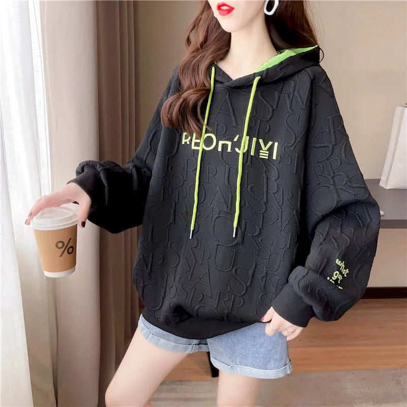 Autumn New Embroidery Hoodies Womens Fashion Loose Large Size Hoodie Korean Trendy Thin Long-sleeved Versatile Hooded Sweatshirt - reetell