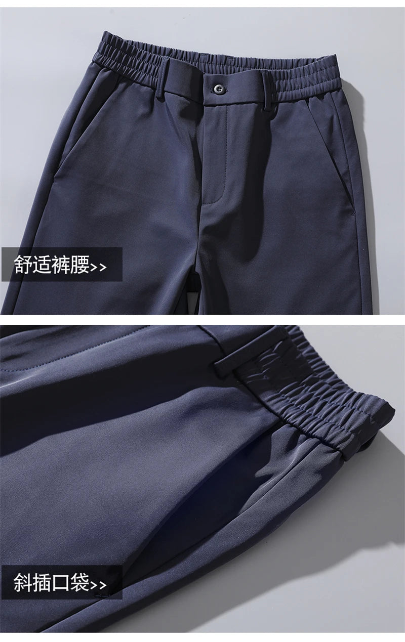 2023 Autumn Pants Mens Stretch Korean Casual Slim Fit Elastic Waist Jogger Business Classic Trousers Male Black Gray Blue 28-38 - reetell