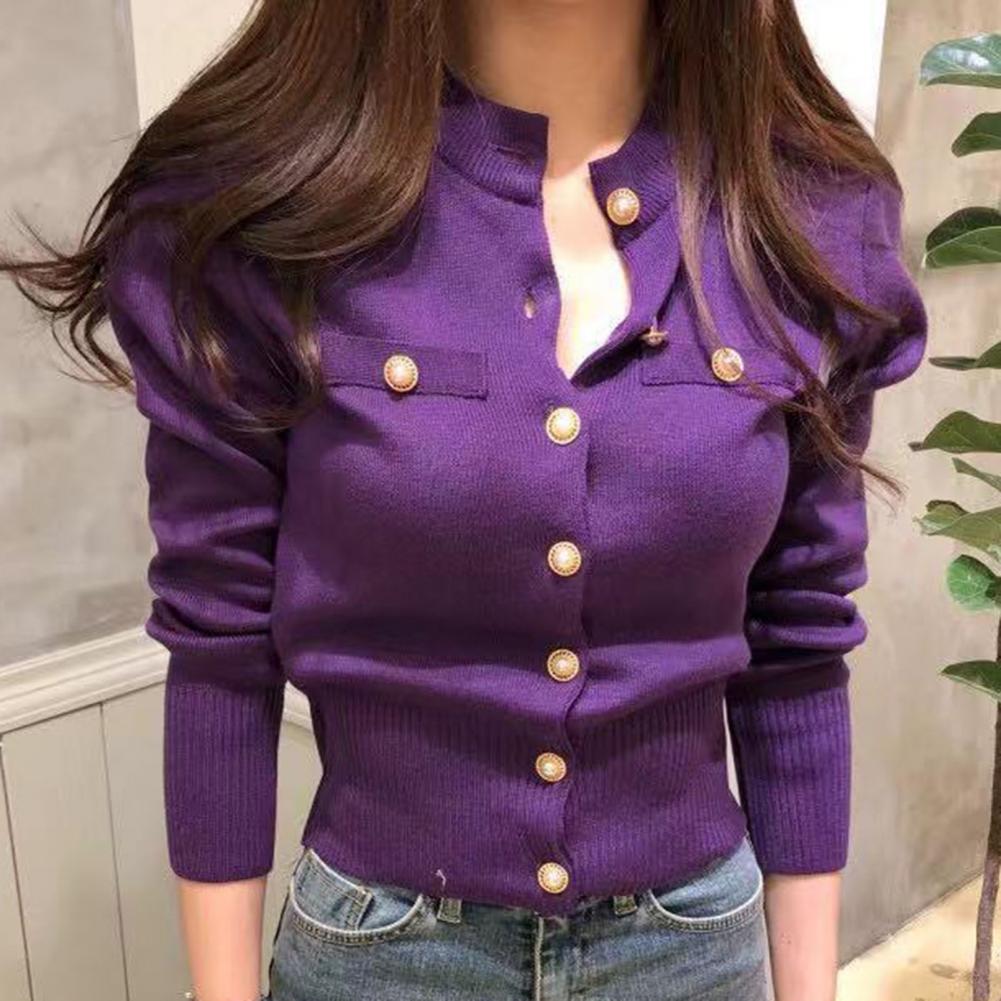 Women Cardigan Sweater Decorative Pockets Faux Pearl Buttons Knitted Coat Short Single Breasted Korean Slim Chic Ladies Tops - reetell