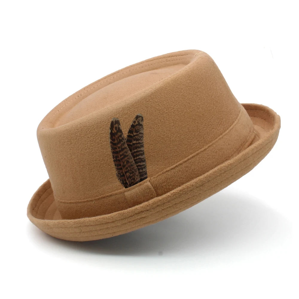 3 Sizes Men Women Wool Pork Pie Hat Retro Feather Band Fedora Cap Trilby Sunhat Classical Jazz Party Outdoor Travel Street Style