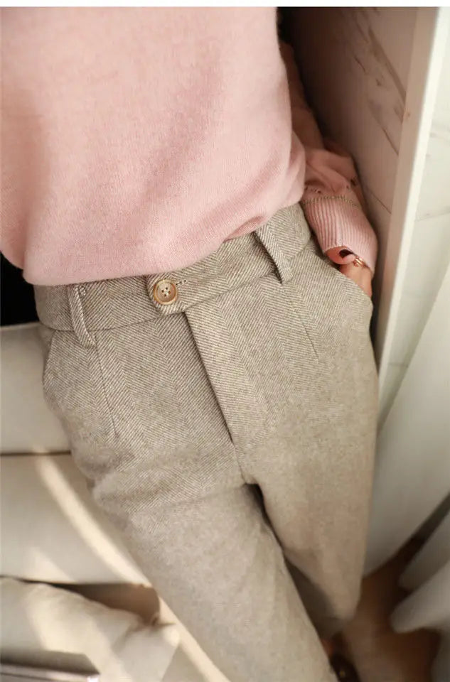 Woolen Pants Women's Harem Pencil Pants 2024 Autumn Winter High Waisted Casual Suit Pants Office Lady Women Trousers - reetell