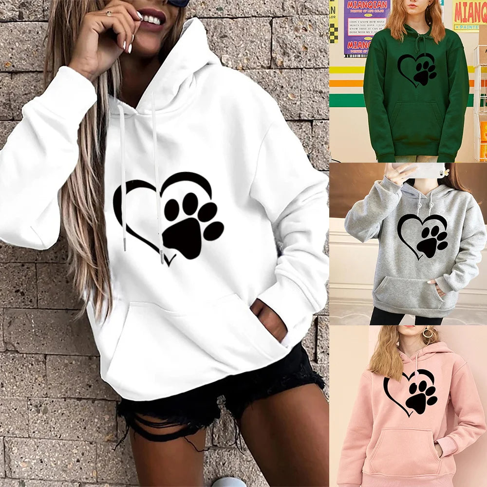 Women's Fashion Hoodie Loose Oversized Long Sleeve Sweatshirts Black Love Footprint Printed Clothing Ladies Harajuku Pullover - reetell