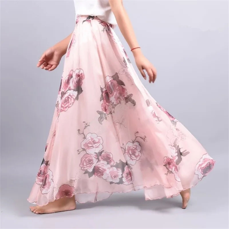 Vintage Bohemian Long Skirts Women Elegant Chiffon Saia Harajuku Beach High Waist Long Skirt Woman Clothes Faldas Tutu Vestidos - reetell