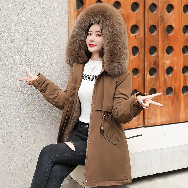 2023 New Winter Jacket Women Parka Fashion Long Coat Wool Liner Hooded Parkas Slim With Fur Collar Warm Snow Wear Padded Clothes - reetell