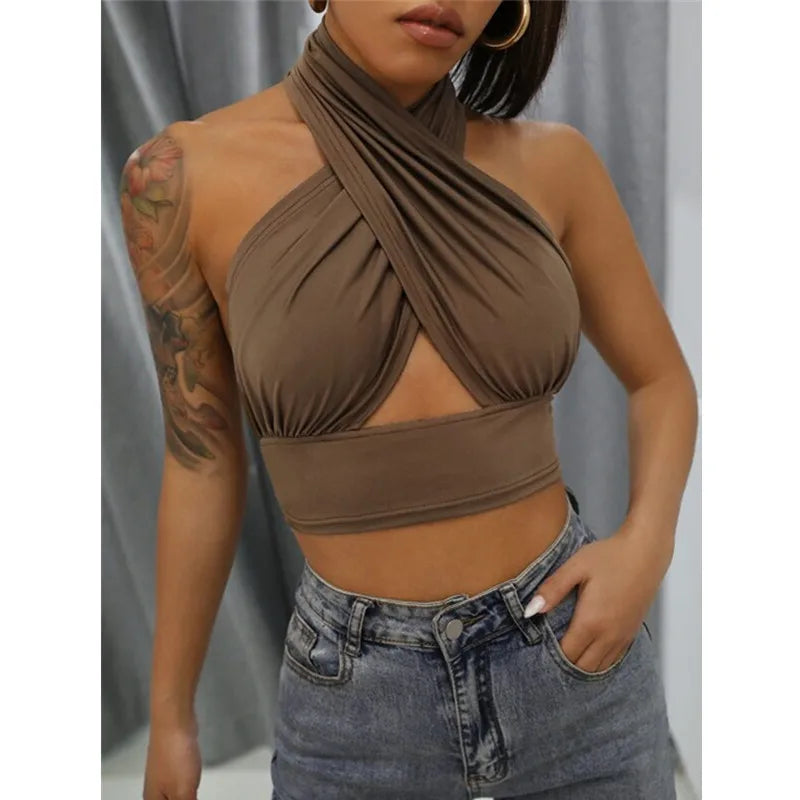 Women Summer Tank Tops Solid Cross Halter Camis Backless Crop Tops Female Camisole Cropped Top Slim Sleeveless Streetwear - reetell