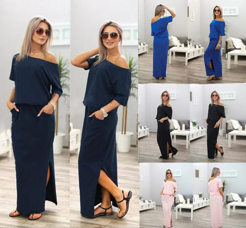 Sexy Slash neck Side Split Loose Dress Women Summer Long Maxi Dress Short Sleeve Evening Party Dress - reetell