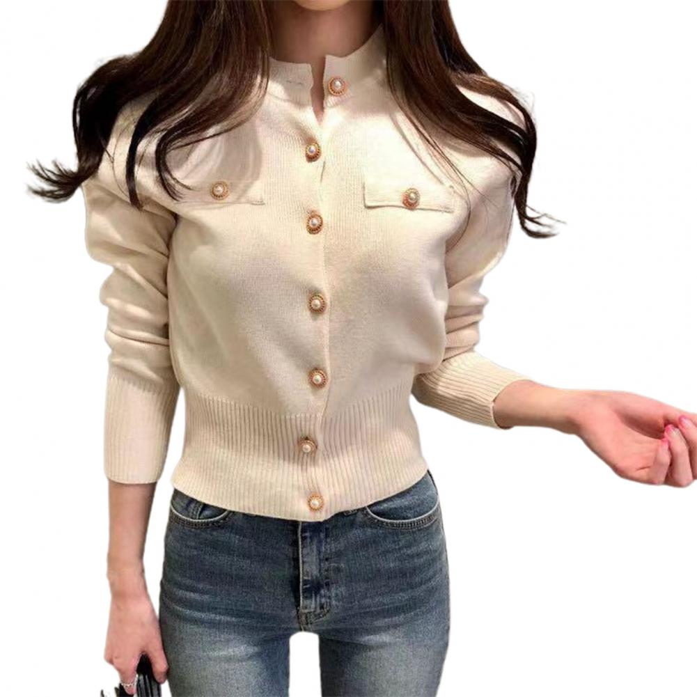 Women Cardigan Sweater Decorative Pockets Faux Pearl Buttons Knitted Coat Short Single Breasted Korean Slim Chic Ladies Tops - reetell