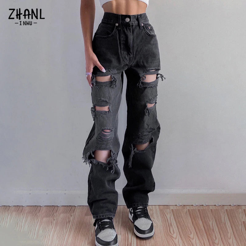 Black Ripped High Waist Jeans for women Vintage Clothes y2k Fashion Straight Denim Trousers Streetwear Hole Hip Hop Pant jeans - reetell