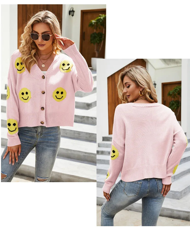 Women's Smiling Face Cardigan Autumn Winter New Female's Long Sleeve V Neck Single Breasted Knitted Shirt Casual Loose Knitwear - reetell