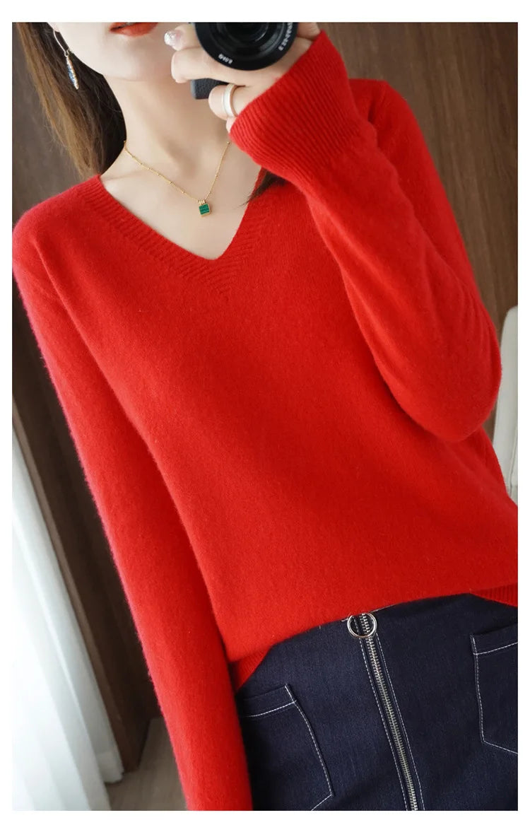 Women's Sweater 2024 Autumn Winter Knitted Pullovers V-neck Slim Fit Bottoming Shirt Solid Soft Knitwear Jumpers Basic Sweaters - reetell