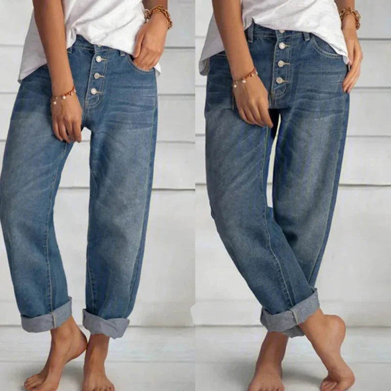 Women's Jeans Fashion Retro High Waist Wide Leg Loose Straight Pants Large Size Simple and Thin Workwear Boyfriend Jeans - reetell