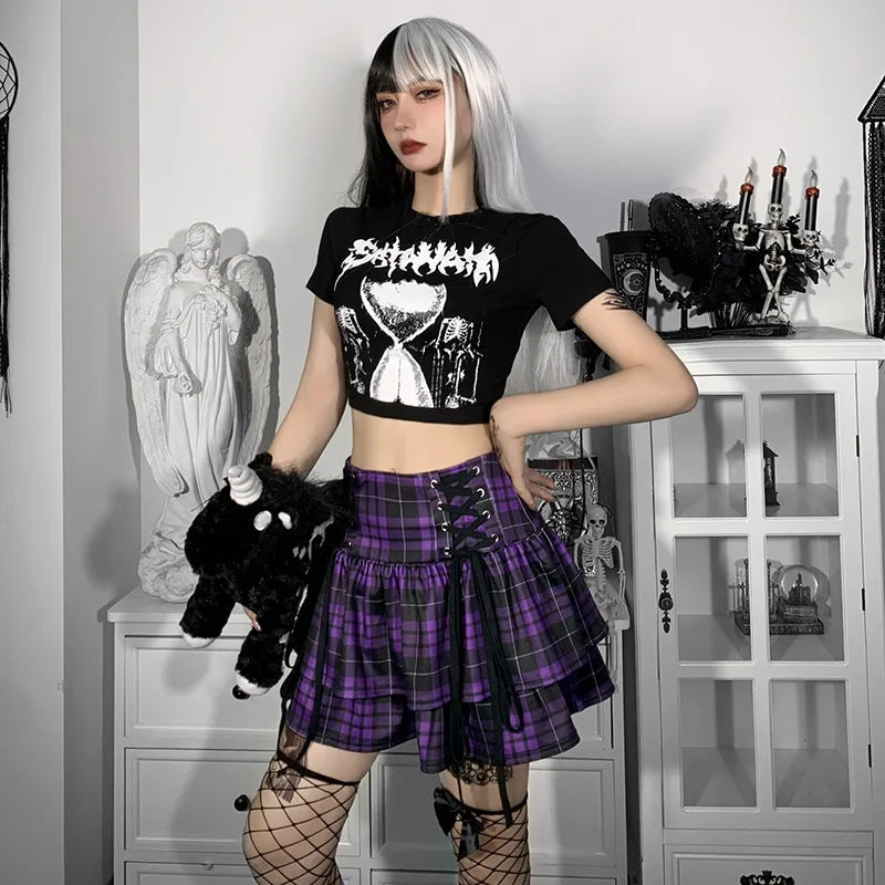 Vintage Y2K Punk Sexy High Waist Mini Skirts Purple Plaid Bandage Harajuku Aesthetic Skirt Goth Grunge Cake Skirt Streetwear - reetell