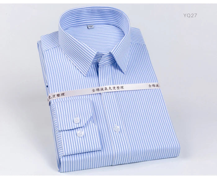 Men's Classic Striped Printed Wrinkle-Resistant Dress Shirts 100% Cotton Regular-Fit Formal Business Long-Sleeve Non-iron Shirt