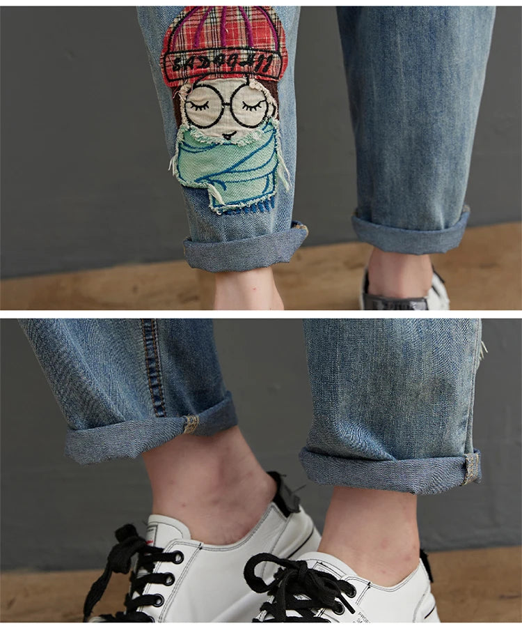 6537 Cartoon Litter Girl Embroidery Denim Pants For Women Trendy Hole Casual High Waist Breeches Pockets Mom Harem Blue Jeans - reetell