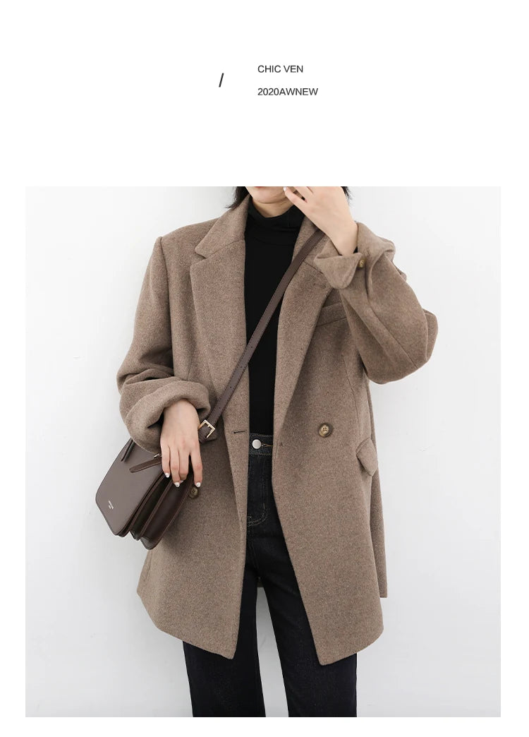 CHIC VEN Women Wool Blend Coat Solid Mid Long Woolen Blazer Thick Warm Blouse Women's Overcoat Office Lady Tops Autumn Winter - reetell