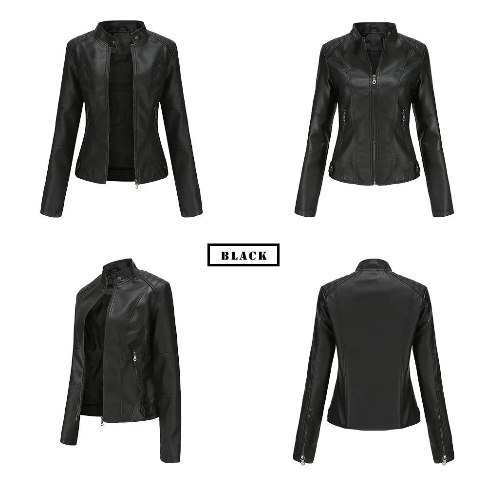 Women Leather Jacket 2024 Spring Autumn Black PU Leather Coat Stand-up Collar Motor Biker Jacket