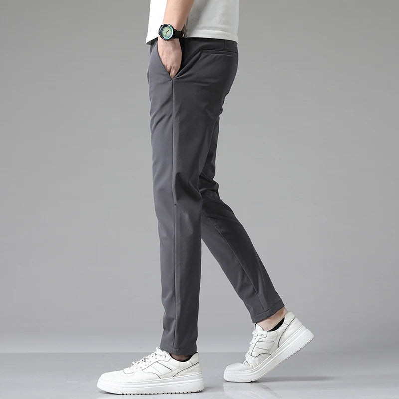 2023 Autumn Pants Mens Stretch Korean Casual Slim Fit Elastic Waist Jogger Business Classic Trousers Male Black Gray Blue 28-38 - reetell