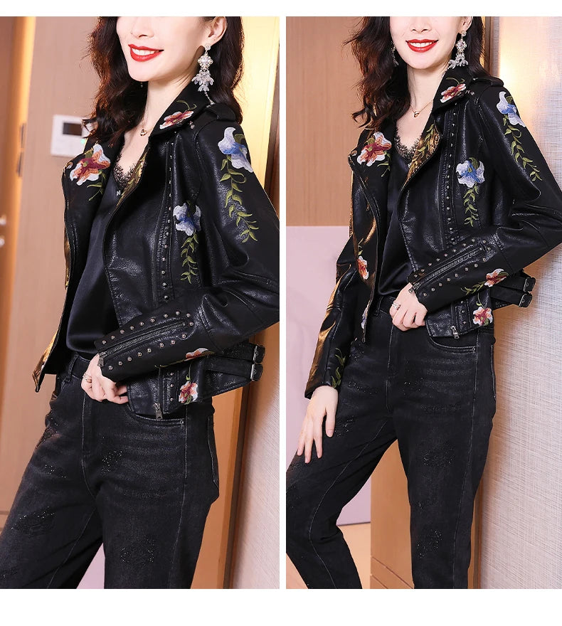 FTLZZ New Spring Autumn Women Biker Leather Jacket  Floral Print Embroidery Pu Leather Jacket Turn-down Collar Zipper Jacket