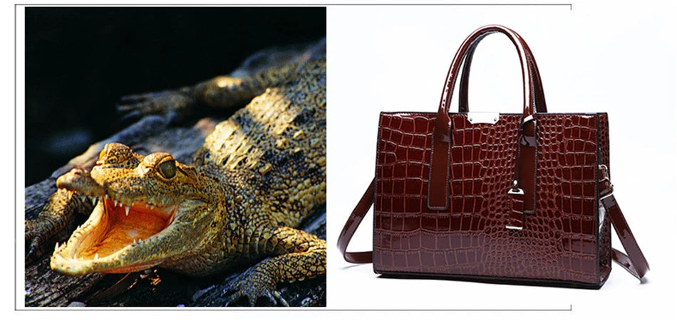 Casual Tote Sac Vintage Crocodile Pattern Patent Leather Luxury Handbags Brand Designer Large Capacity Shoulder Messenger Bag - reetell