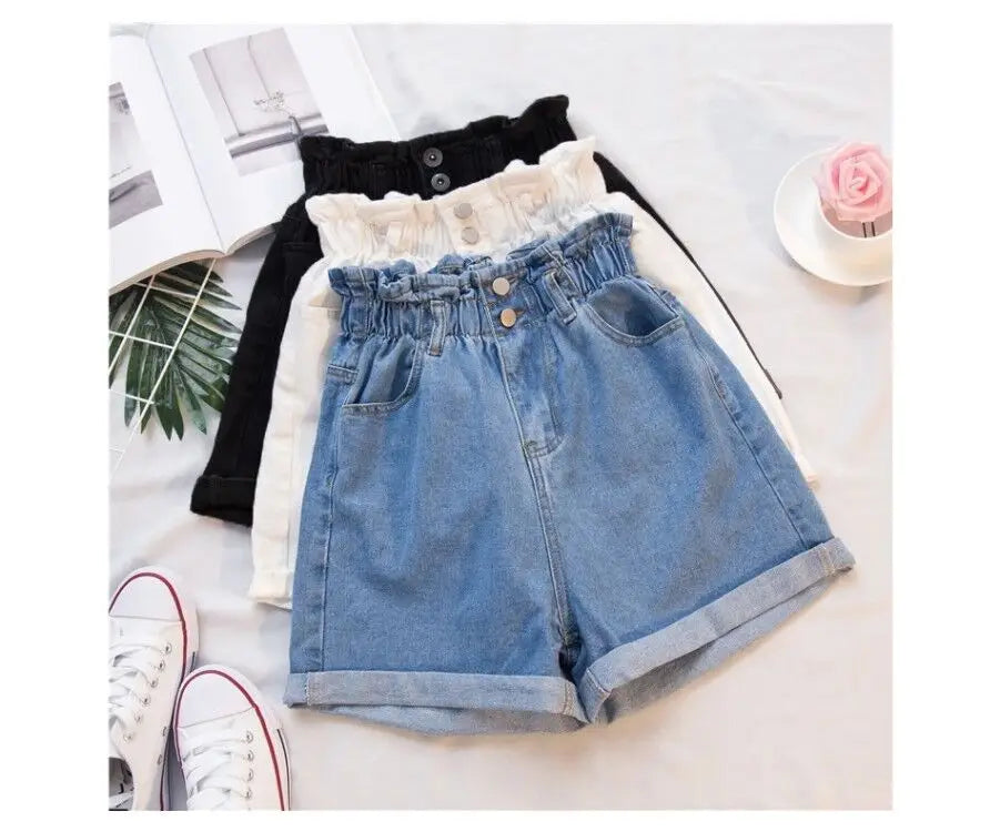 Jielur Summer Black Women Denim Shorts Women S-5XL Harem Ruffled White Blue High Waisted Shorts Female Elastic Short Jeans - reetell