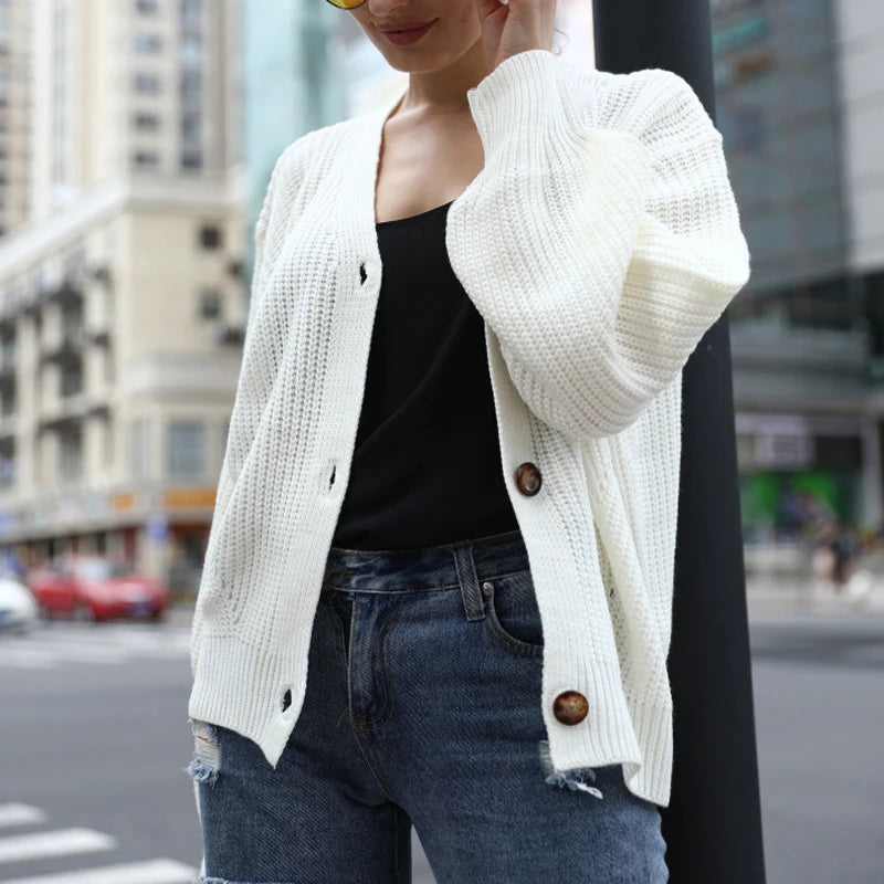 NEW Fashion Women Knitted Cardigans Sweater Fashion Autumn Long Sleeve Loose Coat Casual Button Thick V Neck Solid Female Tops - reetell