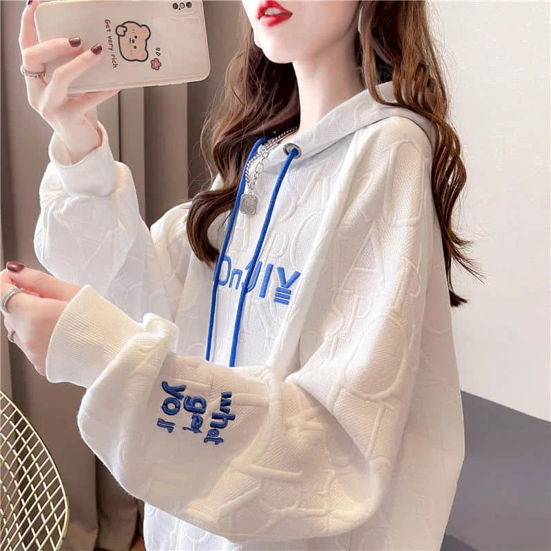 Autumn New Embroidery Hoodies Womens Fashion Loose Large Size Hoodie Korean Trendy Thin Long-sleeved Versatile Hooded Sweatshirt - reetell